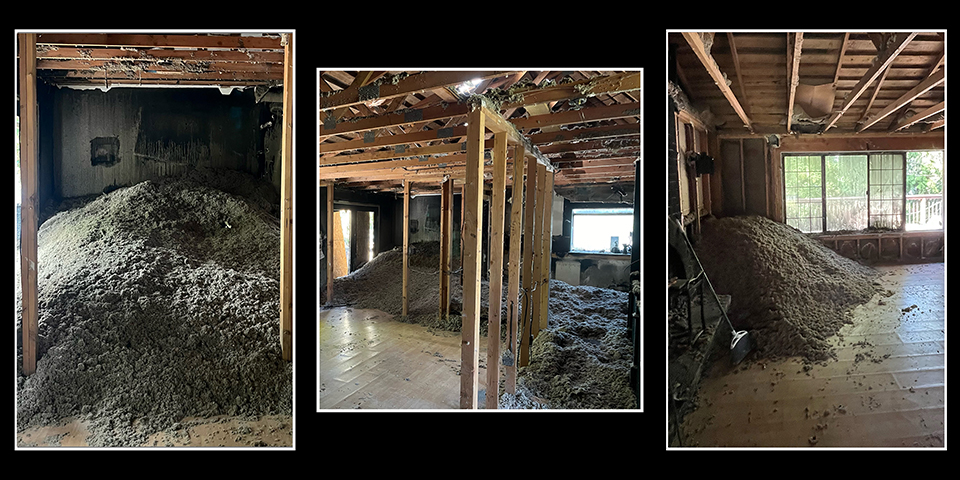 Three photo collage showing the piles of asbestos containing material from the ceiling insulation.