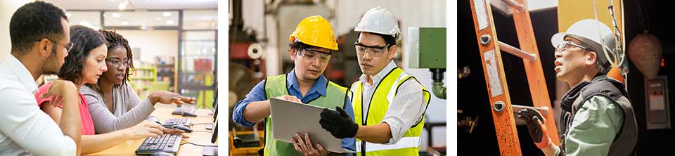 A series of three photos. Photo one: Two women and a man are sitting in front of a computer monitor with one woman gesturing as if to instruct the other two. Photo two: Two men standing next to each other with hard hats and goggles with one man pointing to a chart held in his hand. Photo three: A man in a hard hat and goggles at the foot of a ladder looking up into a ceiling area for inspection.